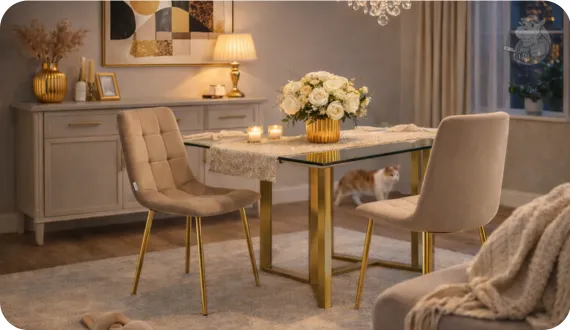 wieczorne wnętrze w stylu glamour z beżowymi krzesłami na złotych nogach